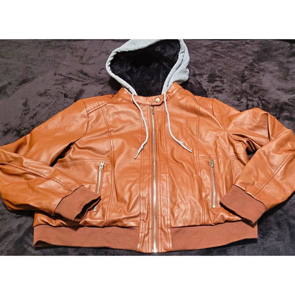 Sebby Bomber Jacket Womens 1X Brown Hooded Full Zip Zipped Pockets Faux Leather